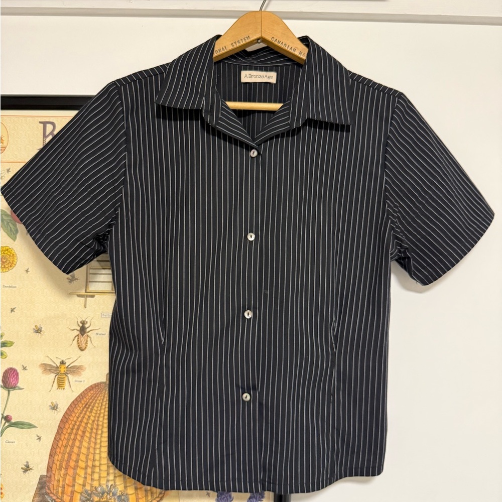 A. Bronze Age Black Pinstripe Short Sleeve Button-Down Shirt